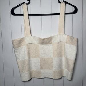 VANS Soft Knit Checkered Cropped Tank Top Cream Neutral Preppy Skater Rave M